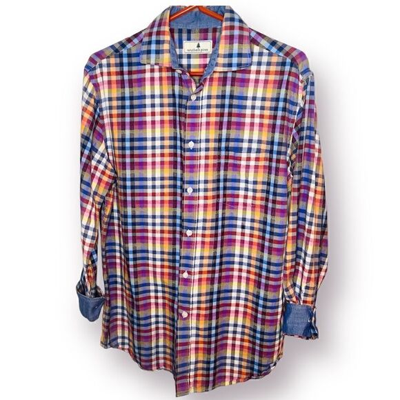 Southern Pines Plaid Button Up Shirt Chambray Trim Blue Pink M - Picture 1 of 8